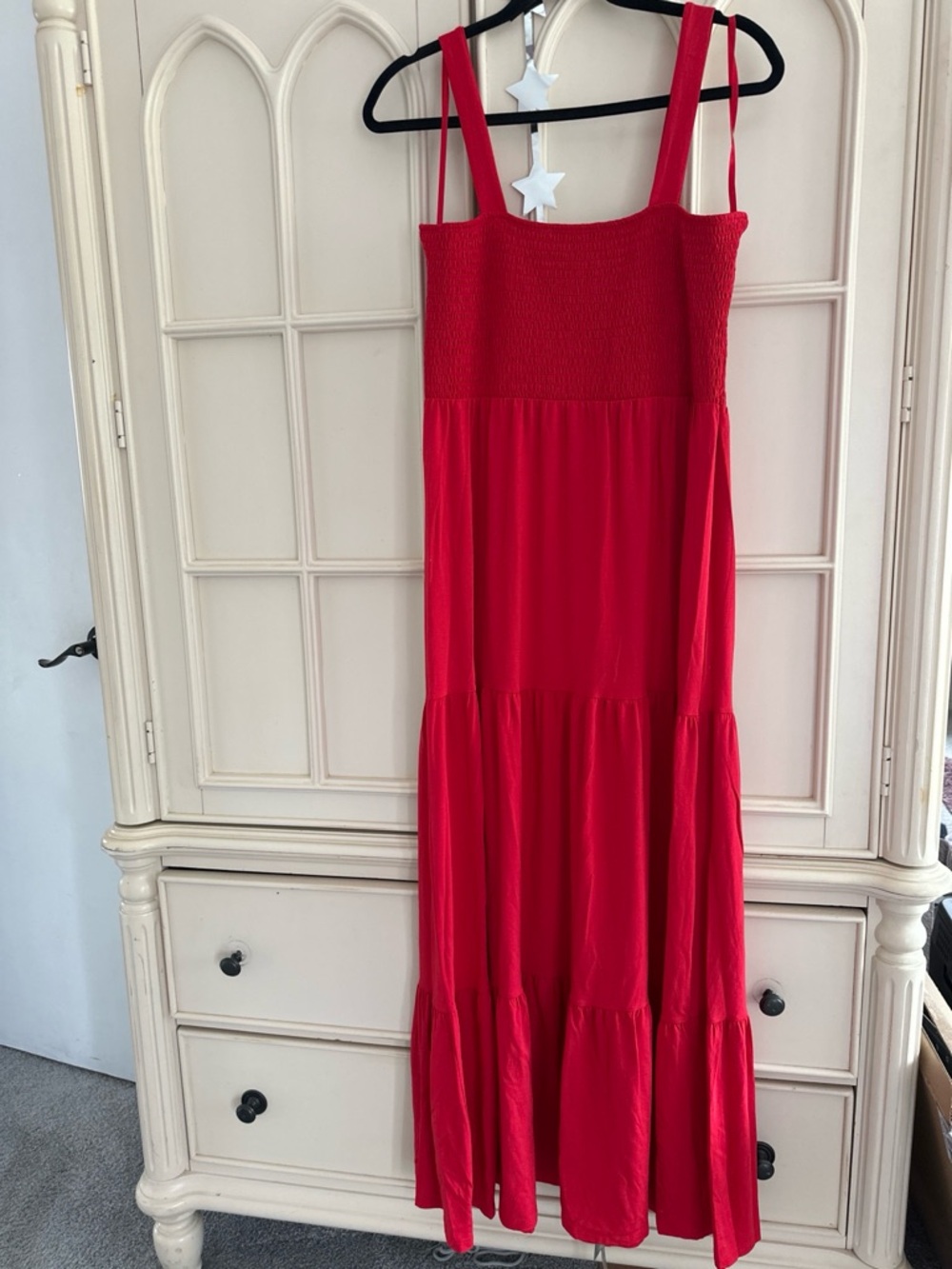 LOFT Bright Red Tiered Maxi Dress with Smocked Bodice